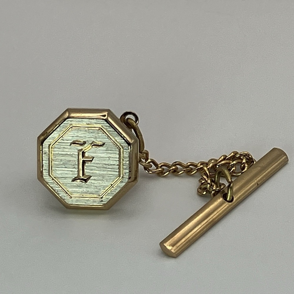 Vtg Initial F Tie Tack Monogram Tie Pin Chain Two Tone Old Money Estate Heritage - Picture 2 of 5